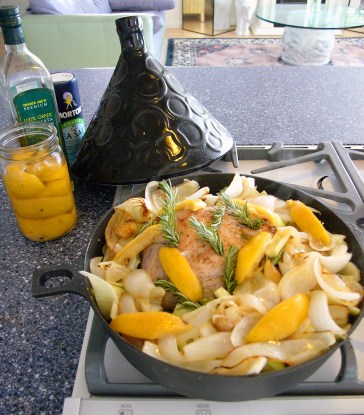 Brined Lemon, onion, pork loin roast tajine with rosemary and garlic