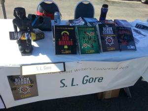 Getting set up for the book fair. Perfectionist that I am, I cringe a little, but there it is. 